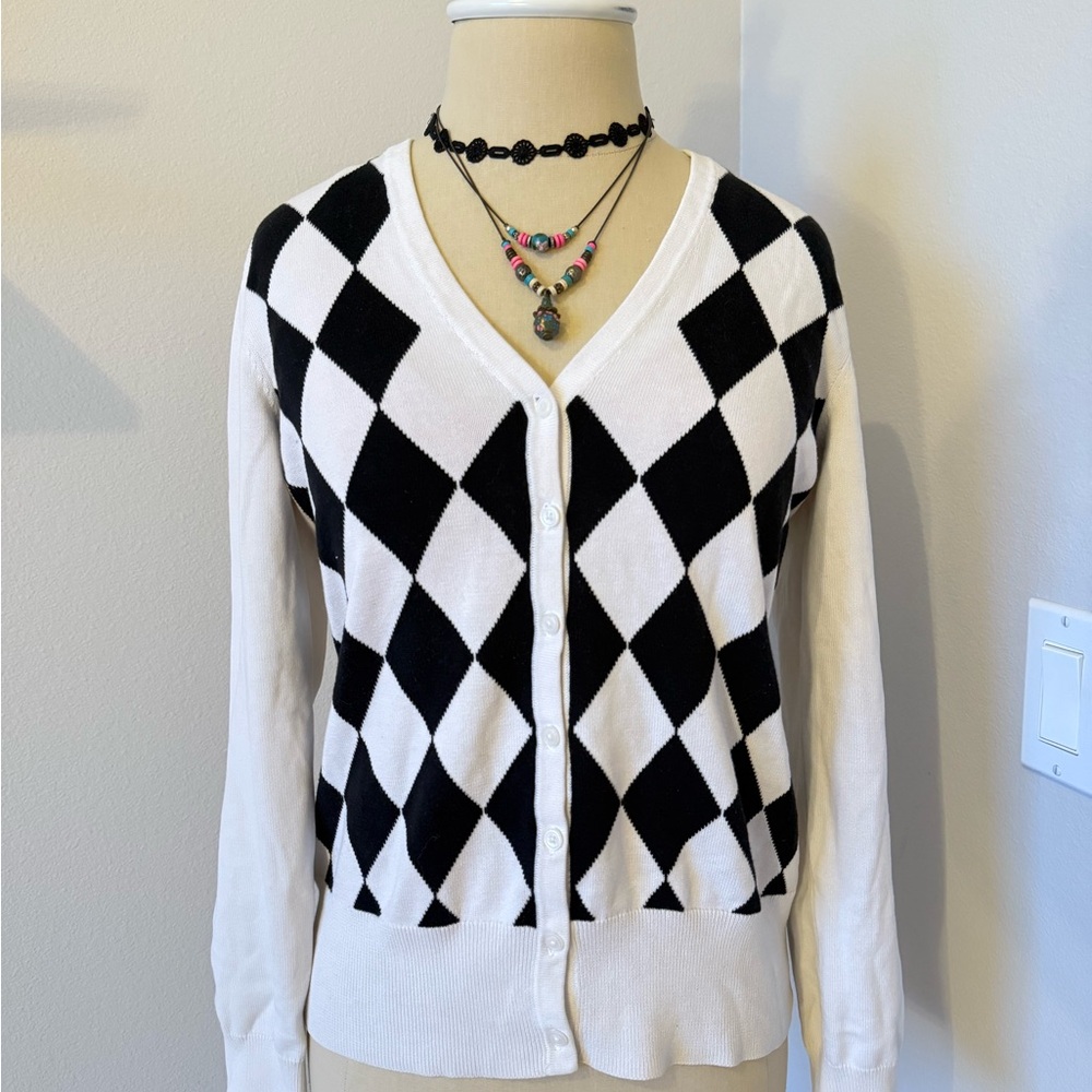Brooks Brothers Black and White Argyle V-Neck Cardigan